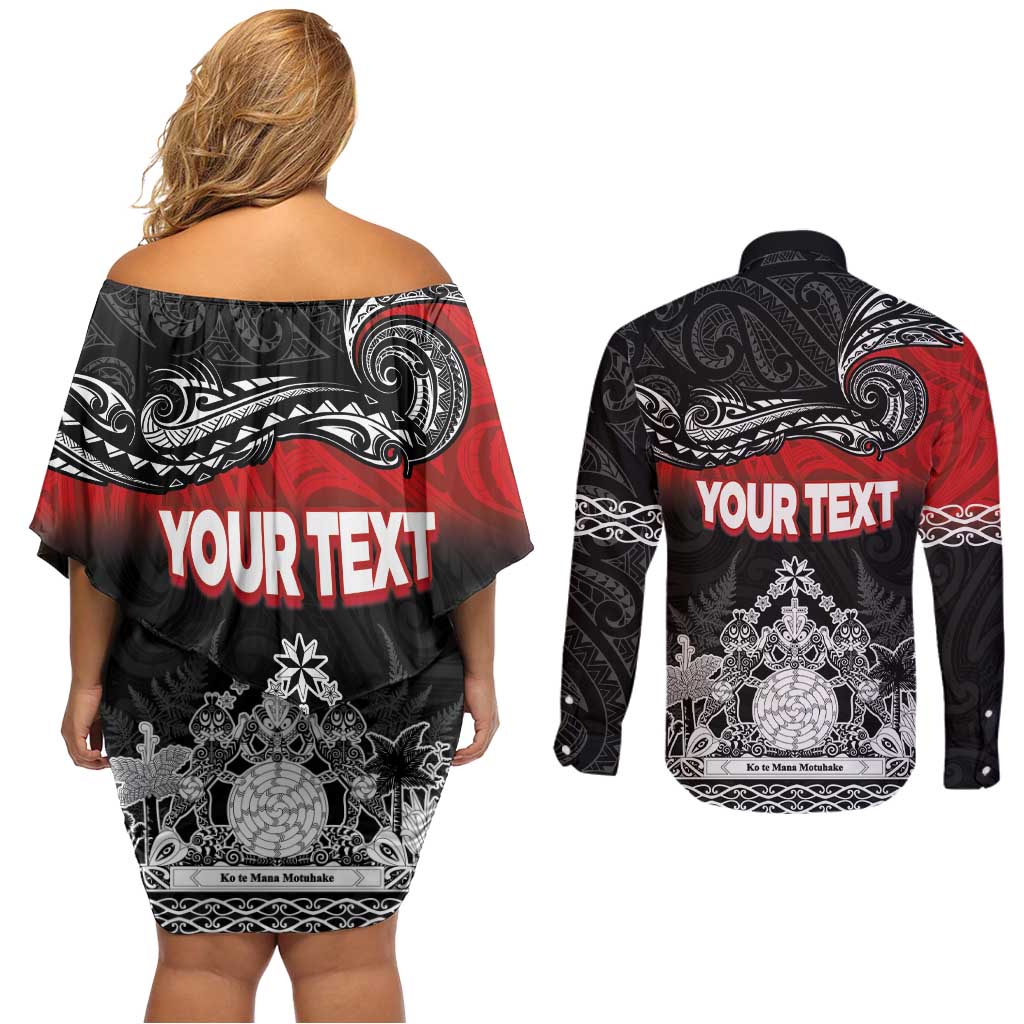 Personalised Maori King Movement Couples Matching Off Shoulder Short Dress and Long Sleeve Button Shirt Te Paki-o-Matariki with Silver Ferns and Polynesian Art Tattoo LT03 - Polynesian Pride