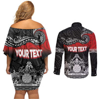 Personalised Maori King Movement Couples Matching Off Shoulder Short Dress and Long Sleeve Button Shirt Te Paki-o-Matariki with Silver Ferns and Polynesian Art Tattoo LT03 - Polynesian Pride