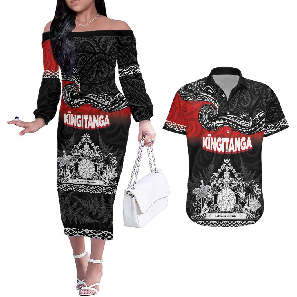 Personalised Maori King Movement Couples Matching Off The Shoulder Long Sleeve Dress and Hawaiian Shirt Te Paki-o-Matariki with Silver Ferns and Polynesian Art Tattoo LT03 Red - Polynesian Pride