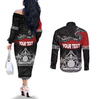 Personalised Maori King Movement Couples Matching Off The Shoulder Long Sleeve Dress and Long Sleeve Button Shirt Te Paki-o-Matariki with Silver Ferns and Polynesian Art Tattoo LT03 - Polynesian Pride