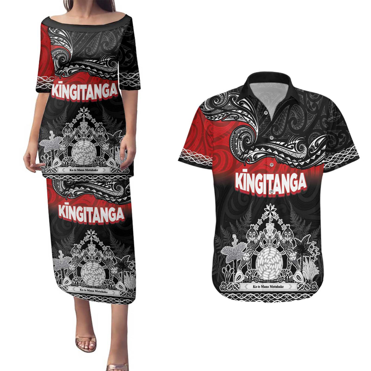 Personalised Maori King Movement Couples Matching Puletasi and Hawaiian Shirt Te Paki-o-Matariki with Silver Ferns and Polynesian Art Tattoo LT03 Red - Polynesian Pride
