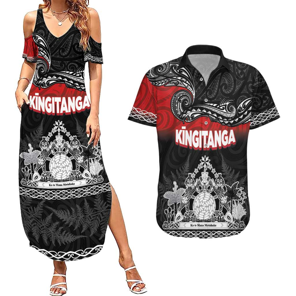 Personalised Maori King Movement Couples Matching Summer Maxi Dress and Hawaiian Shirt Te Paki-o-Matariki with Silver Ferns and Polynesian Art Tattoo LT03 Red - Polynesian Pride