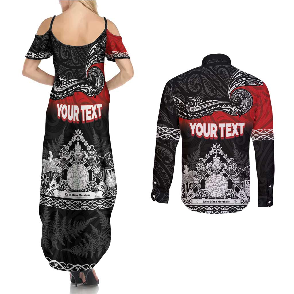 Personalised Maori King Movement Couples Matching Summer Maxi Dress and Long Sleeve Button Shirt Te Paki-o-Matariki with Silver Ferns and Polynesian Art Tattoo LT03 - Polynesian Pride