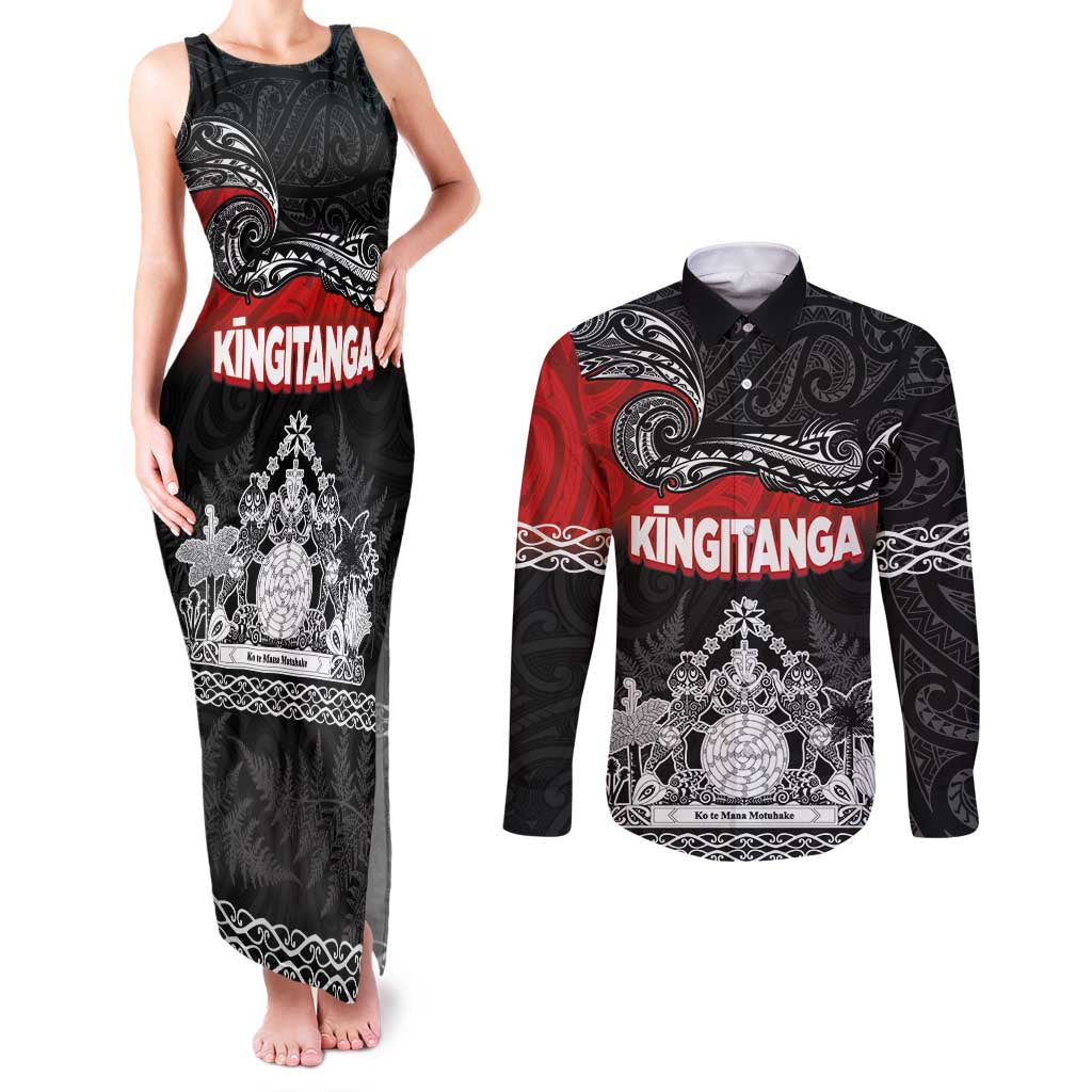 Personalised Maori King Movement Couples Matching Tank Maxi Dress and Long Sleeve Button Shirt Te Paki-o-Matariki with Silver Ferns and Polynesian Art Tattoo LT03 Red - Polynesian Pride