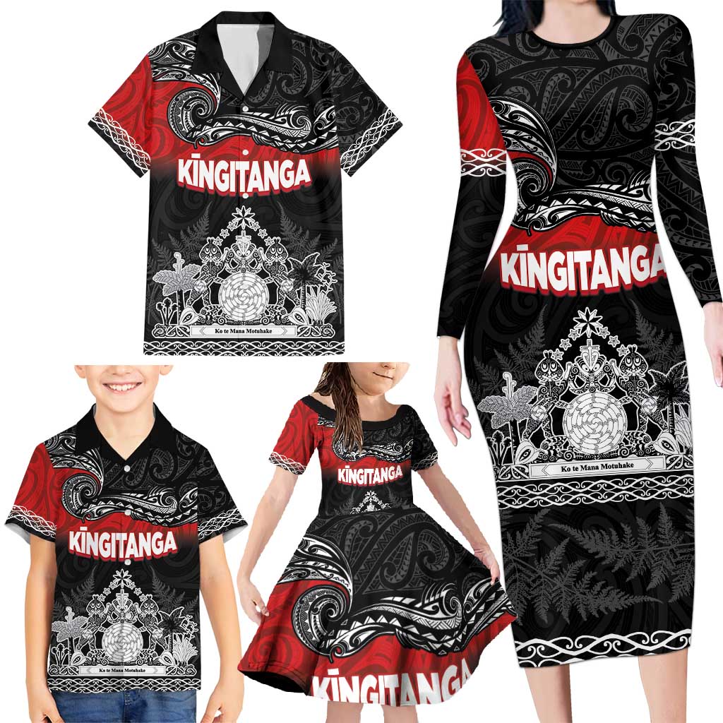 Personalised Maori King Movement Family Matching Long Sleeve Bodycon Dress and Hawaiian Shirt Te Paki-o-Matariki with Silver Ferns and Polynesian Art Tattoo LT03 - Polynesian Pride