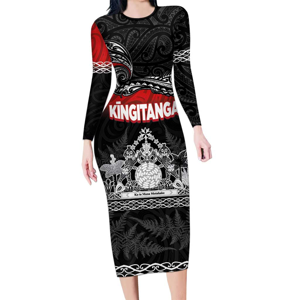 Personalised Maori King Movement Family Matching Long Sleeve Bodycon Dress and Hawaiian Shirt Te Paki-o-Matariki with Silver Ferns and Polynesian Art Tattoo LT03 Mom's Dress Red - Polynesian Pride