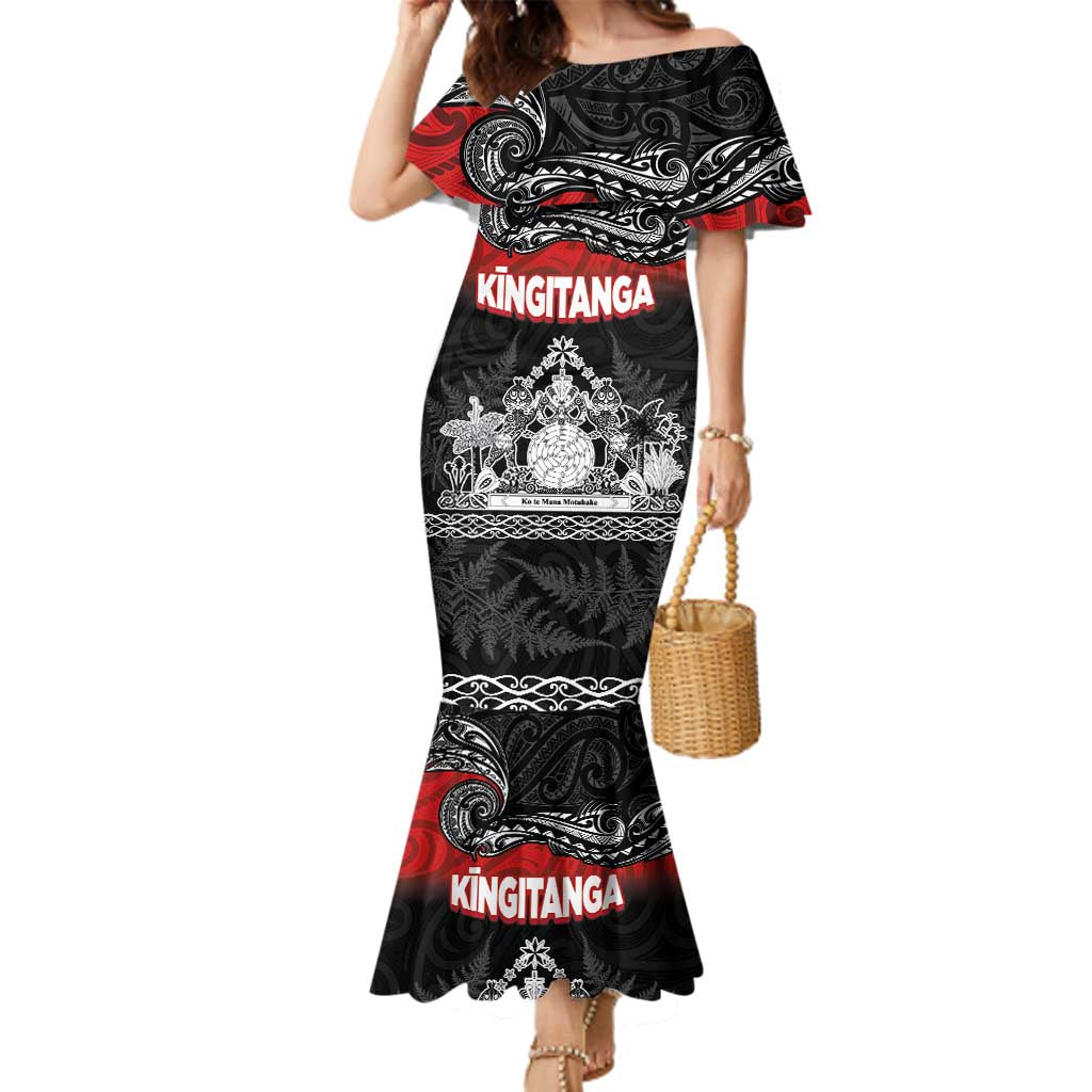 Personalised Maori King Movement Family Matching Mermaid Dress and Hawaiian Shirt Te Paki-o-Matariki with Silver Ferns and Polynesian Art Tattoo LT03 Mom's Dress Red - Polynesian Pride