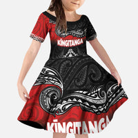 Personalised Maori King Movement Family Matching Off The Shoulder Long Sleeve Dress and Hawaiian Shirt Te Paki-o-Matariki with Silver Ferns and Polynesian Art Tattoo LT03 Daughter's Dress Red - Polynesian Pride