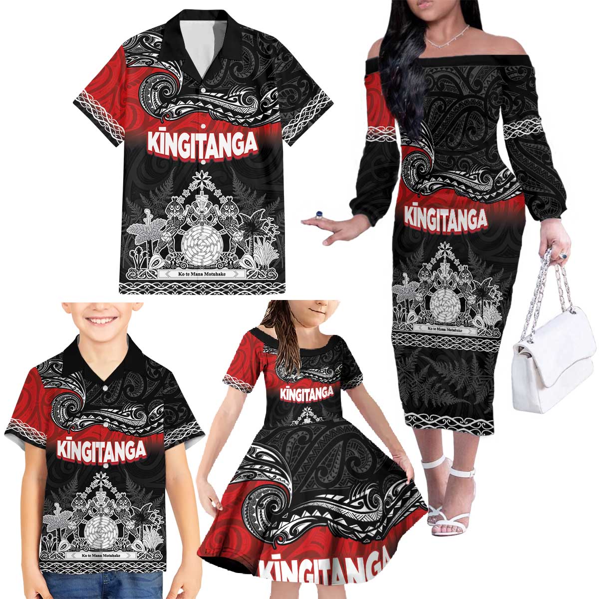 Personalised Maori King Movement Family Matching Off The Shoulder Long Sleeve Dress and Hawaiian Shirt Te Paki-o-Matariki with Silver Ferns and Polynesian Art Tattoo LT03 - Polynesian Pride
