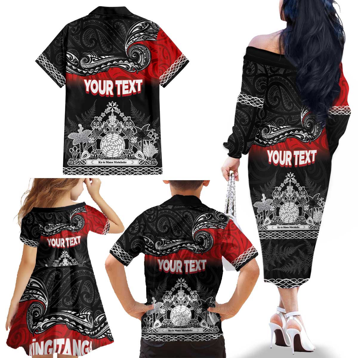 Personalised Maori King Movement Family Matching Off The Shoulder Long Sleeve Dress and Hawaiian Shirt Te Paki-o-Matariki with Silver Ferns and Polynesian Art Tattoo LT03 - Polynesian Pride
