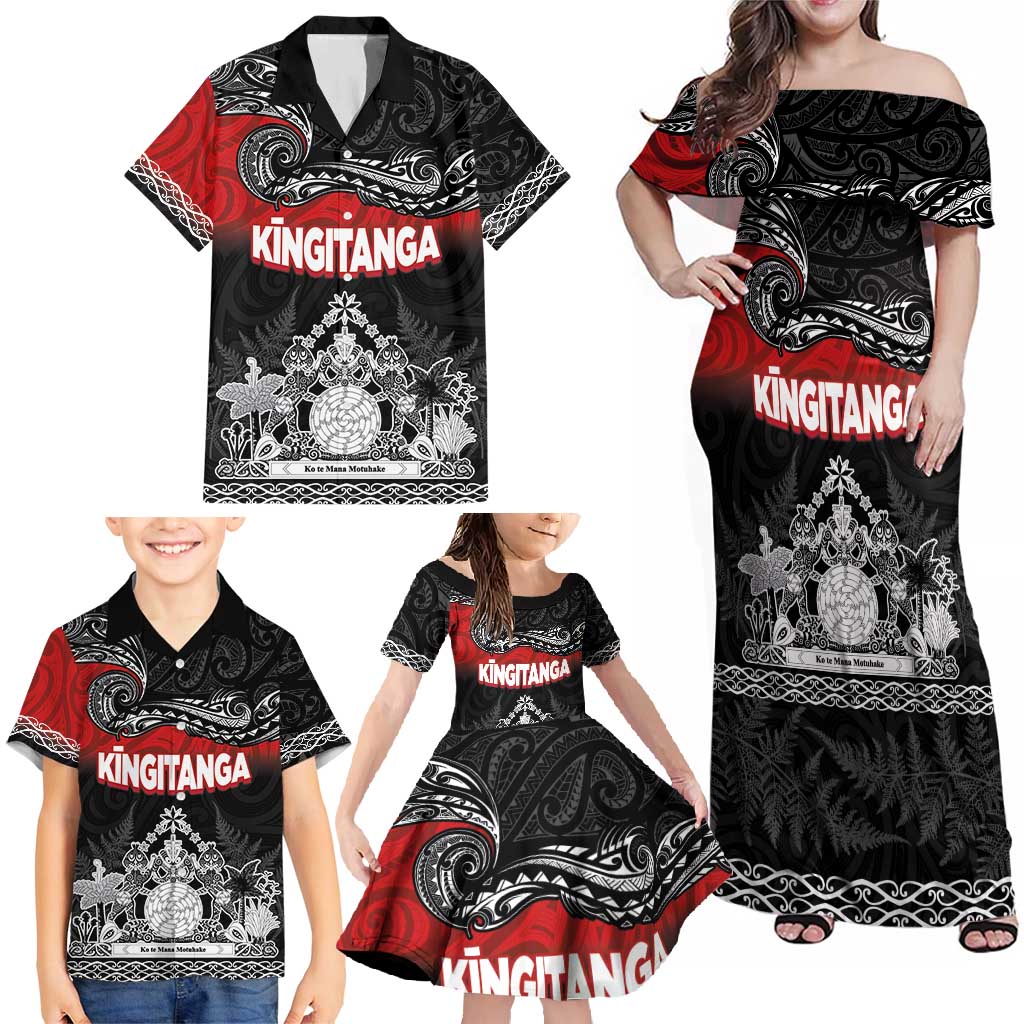 Personalised Maori King Movement Family Matching Off Shoulder Maxi Dress and Hawaiian Shirt Te Paki-o-Matariki with Silver Ferns and Polynesian Art Tattoo LT03 - Polynesian Pride