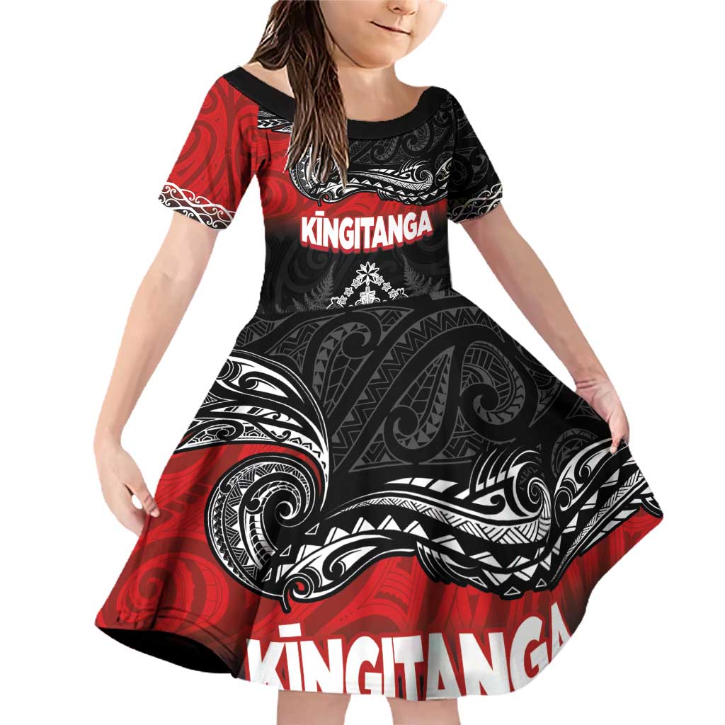 Personalised Maori King Movement Family Matching Off Shoulder Short Dress and Hawaiian Shirt Te Paki-o-Matariki with Silver Ferns and Polynesian Art Tattoo LT03 Daughter's Dress Red - Polynesian Pride