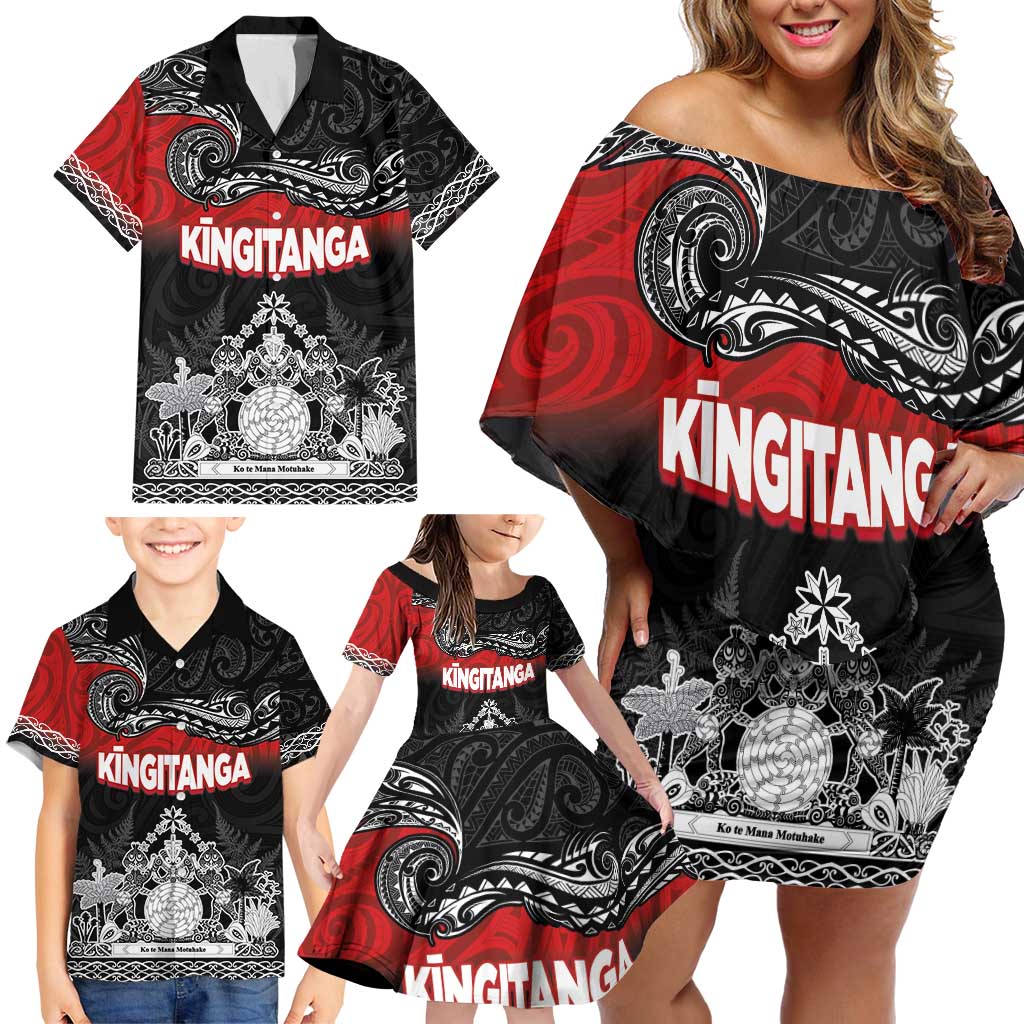 Personalised Maori King Movement Family Matching Off Shoulder Short Dress and Hawaiian Shirt Te Paki-o-Matariki with Silver Ferns and Polynesian Art Tattoo LT03 - Polynesian Pride