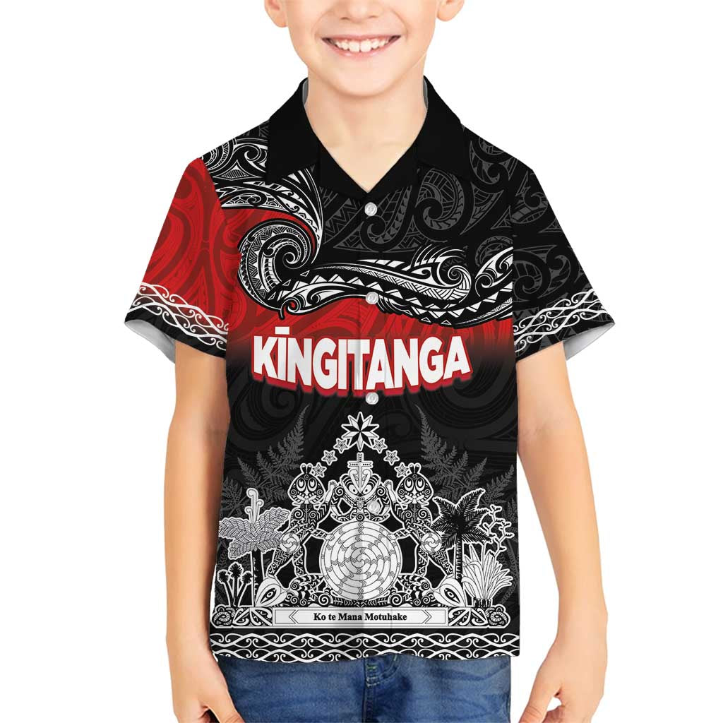 Personalised Maori King Movement Family Matching Off Shoulder Short Dress and Hawaiian Shirt Te Paki-o-Matariki with Silver Ferns and Polynesian Art Tattoo LT03 Son's Shirt Red - Polynesian Pride