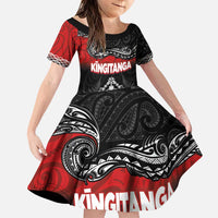 Personalised Maori King Movement Family Matching Puletasi and Hawaiian Shirt Te Paki-o-Matariki with Silver Ferns and Polynesian Art Tattoo LT03 Daughter's Dress Red - Polynesian Pride