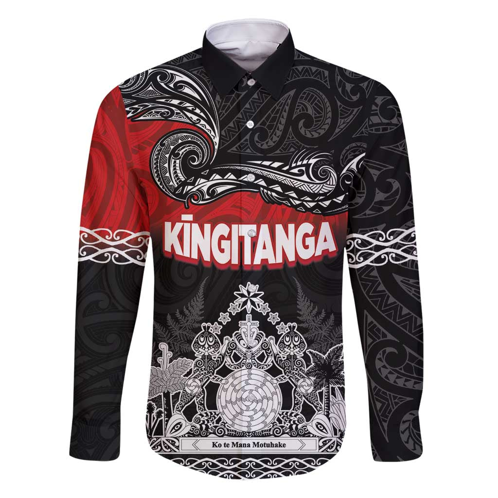 Personalised Maori King Movement Family Matching Summer Maxi Dress and Hawaiian Shirt Te Paki-o-Matariki with Silver Ferns and Polynesian Art Tattoo LT03 Dad's Shirt - Long Sleeve Red - Polynesian Pride
