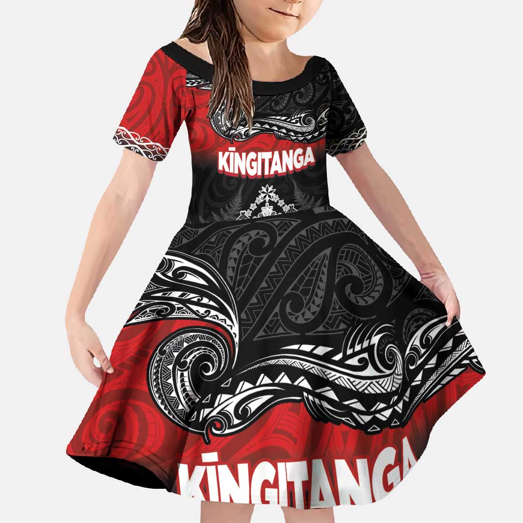 Personalised Maori King Movement Family Matching Tank Maxi Dress and Hawaiian Shirt Te Paki-o-Matariki with Silver Ferns and Polynesian Art Tattoo LT03 Daughter's Dress Red - Polynesian Pride