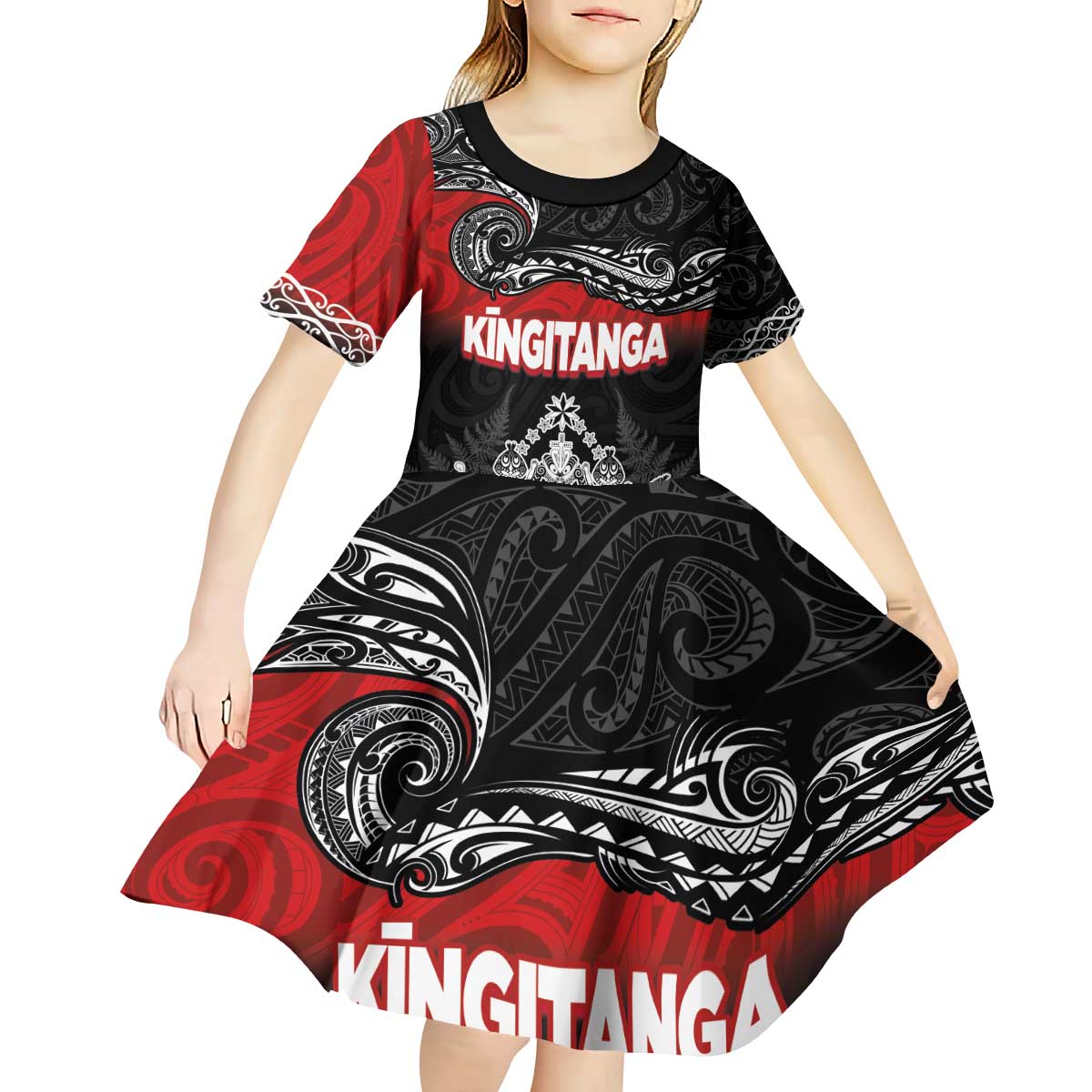 Personalised Maori King Movement Kid Short Sleeve Dress Te Paki-o-Matariki with Silver Ferns and Polynesian Art Tattoo LT03 - Polynesian Pride