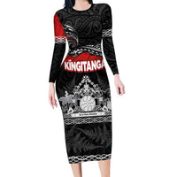 Personalised Maori King Movement Long Sleeve Bodycon Dress Te Paki-o-Matariki with Silver Ferns and Polynesian Art Tattoo LT03 Long Dress Red - Polynesian Pride