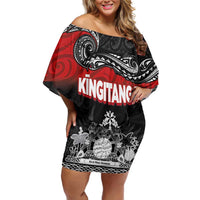 Personalised Maori King Movement Off Shoulder Short Dress Te Paki-o-Matariki with Silver Ferns and Polynesian Art Tattoo LT03 Women Red - Polynesian Pride