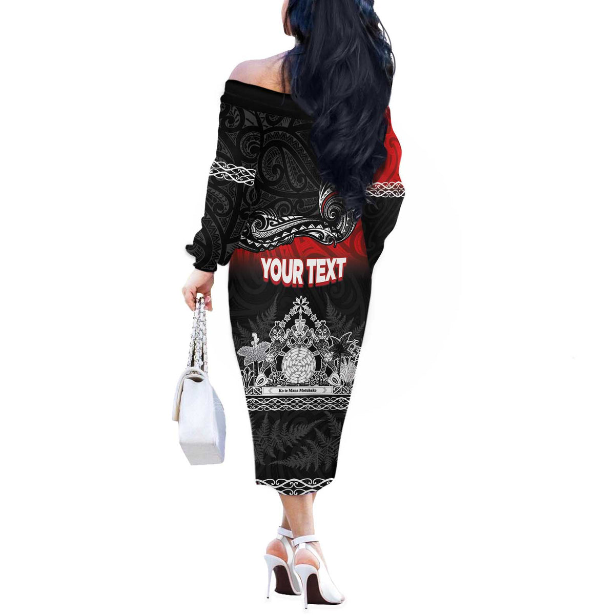Personalised Maori King Movement Off The Shoulder Long Sleeve Dress Te Paki-o-Matariki with Silver Ferns and Polynesian Art Tattoo LT03 - Polynesian Pride