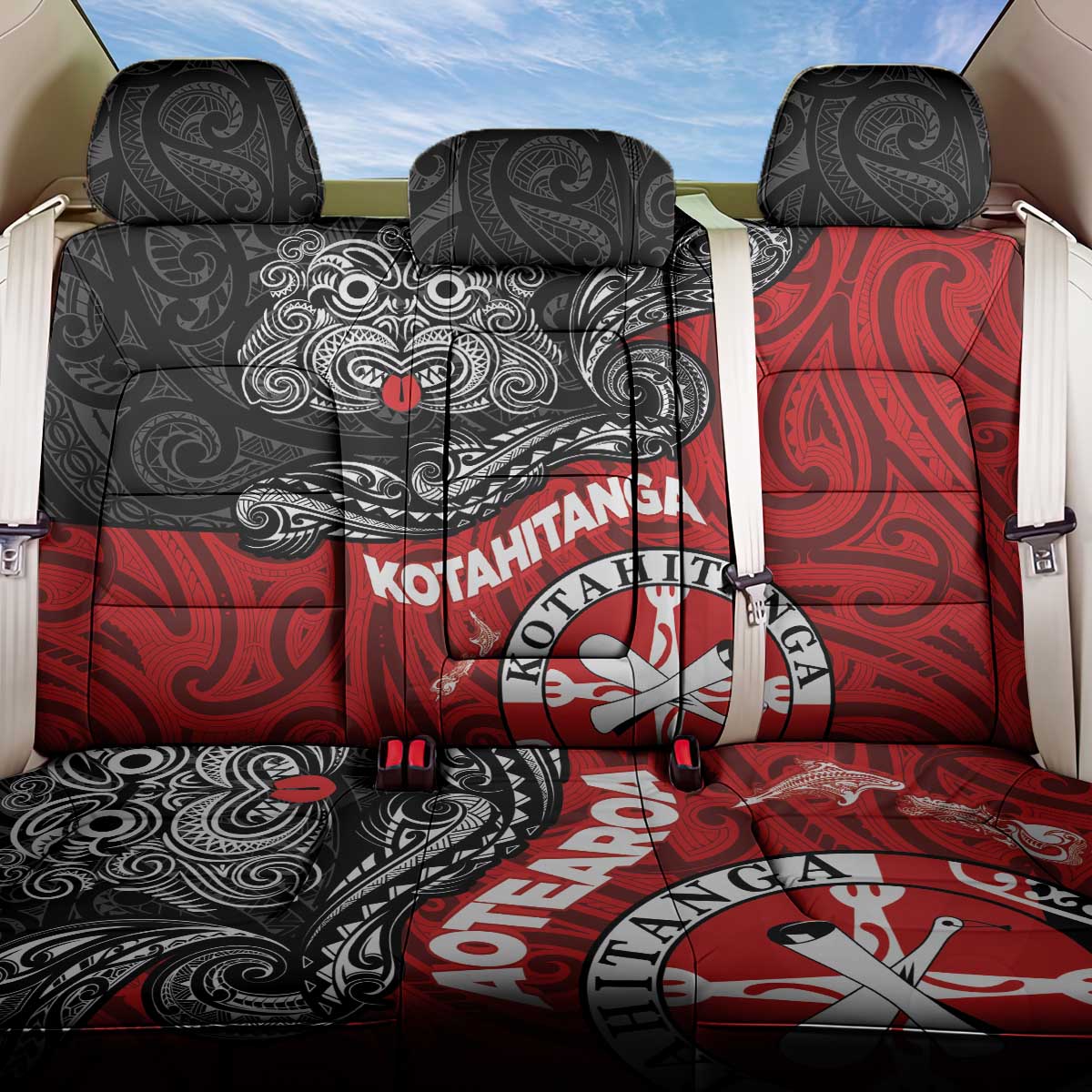 Maori Kotahitanga Back Car Seat Cover Aotearoa Spirit with Maori Mask and Polynesian Art Tattoo LT03 One Size Red - Polynesian Pride