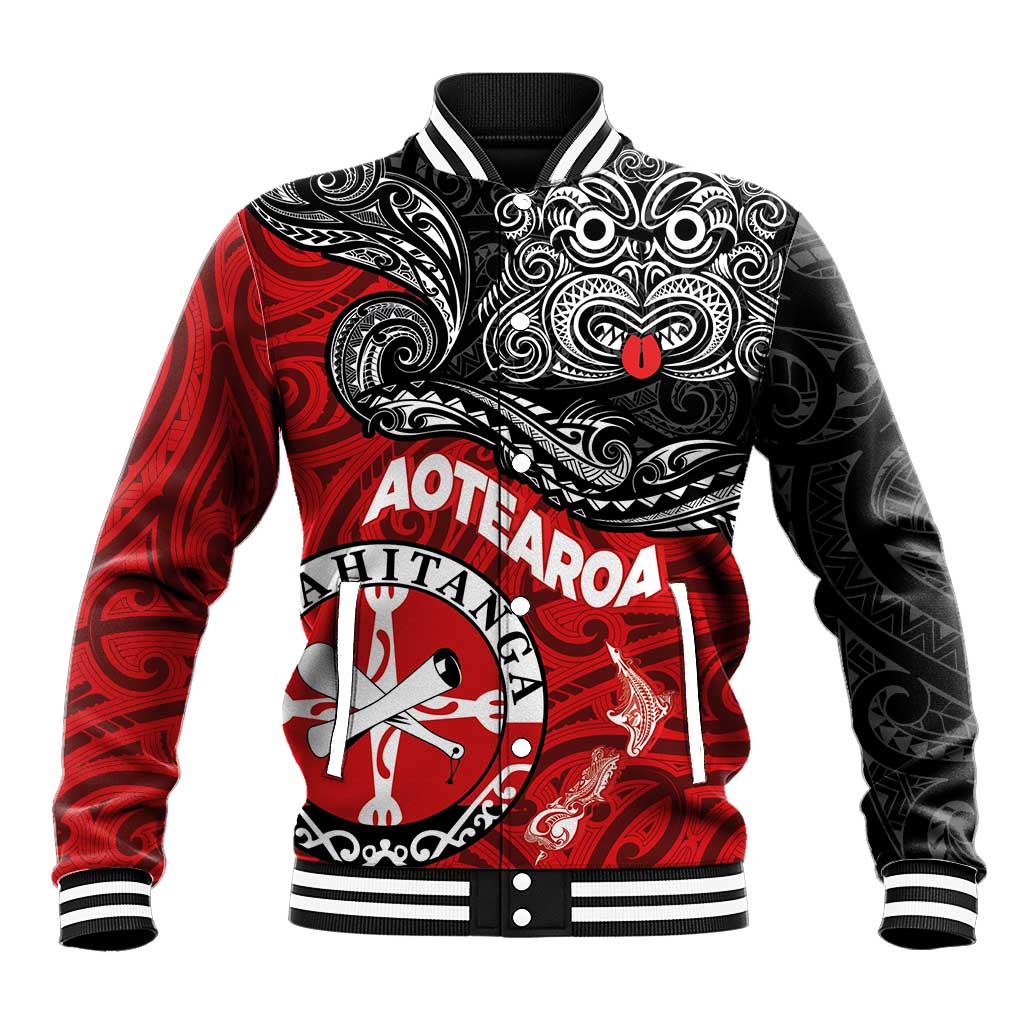 Maori Kotahitanga Baseball Jacket Aotearoa Spirit with Maori Mask and Polynesian Art Tattoo LT03 Unisex Red - Polynesian Pride