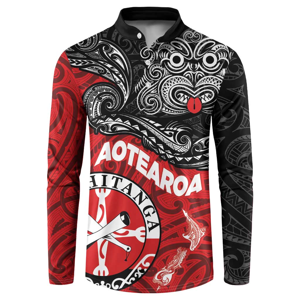 Maori Kotahitanga Button Sweatshirt Aotearoa Spirit with Maori Mask and Polynesian Art Tattoo LT03 Red - Polynesian Pride