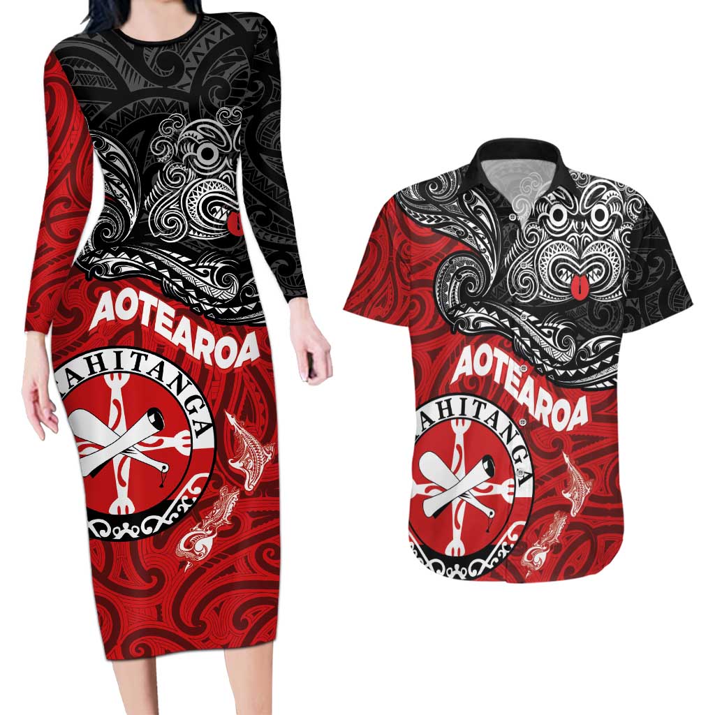 Maori Kotahitanga Couples Matching Long Sleeve Bodycon Dress and Hawaiian Shirt Aotearoa Spirit with Maori Mask and Polynesian Art Tattoo LT03 Red - Polynesian Pride