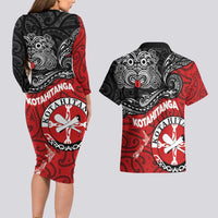 Maori Kotahitanga Couples Matching Long Sleeve Bodycon Dress and Hawaiian Shirt Aotearoa Spirit with Maori Mask and Polynesian Art Tattoo LT03 - Polynesian Pride