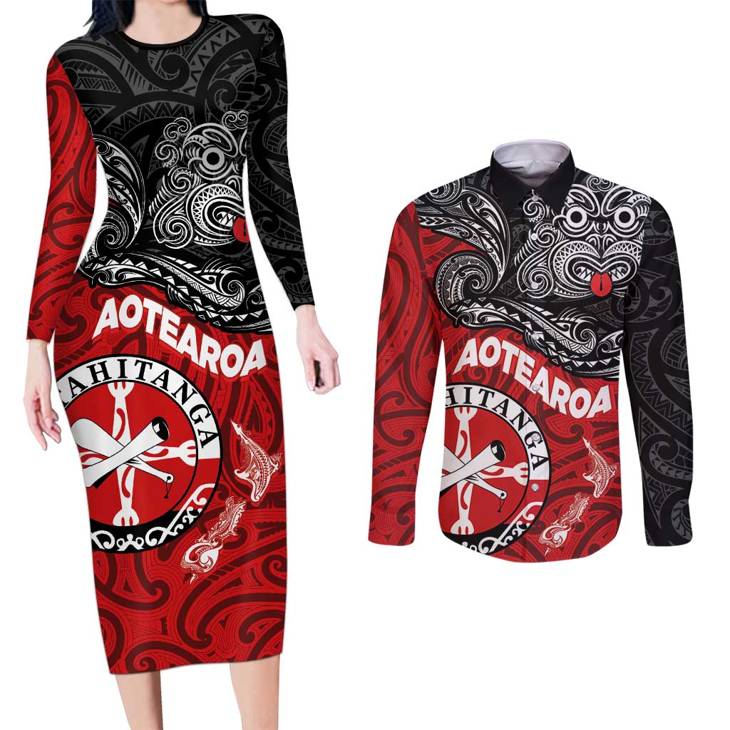 Maori Kotahitanga Couples Matching Long Sleeve Bodycon Dress and Long Sleeve Button Shirt Aotearoa Spirit with Maori Mask and Polynesian Art Tattoo