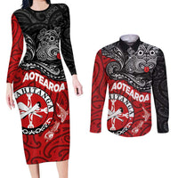 Maori Kotahitanga Couples Matching Long Sleeve Bodycon Dress and Long Sleeve Button Shirt Aotearoa Spirit with Maori Mask and Polynesian Art Tattoo