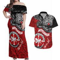 Maori Kotahitanga Couples Matching Off Shoulder Maxi Dress and Hawaiian Shirt Aotearoa Spirit with Maori Mask and Polynesian Art Tattoo LT03 Red - Polynesian Pride
