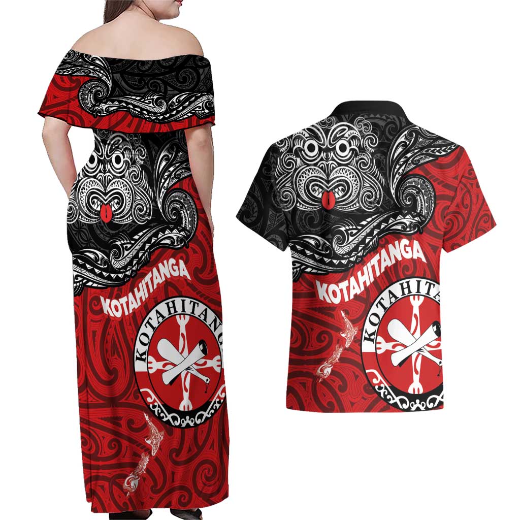 Maori Kotahitanga Couples Matching Off Shoulder Maxi Dress and Hawaiian Shirt Aotearoa Spirit with Maori Mask and Polynesian Art Tattoo LT03 - Polynesian Pride