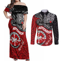 Maori Kotahitanga Couples Matching Off Shoulder Maxi Dress and Long Sleeve Button Shirt Aotearoa Spirit with Maori Mask and Polynesian Art Tattoo
