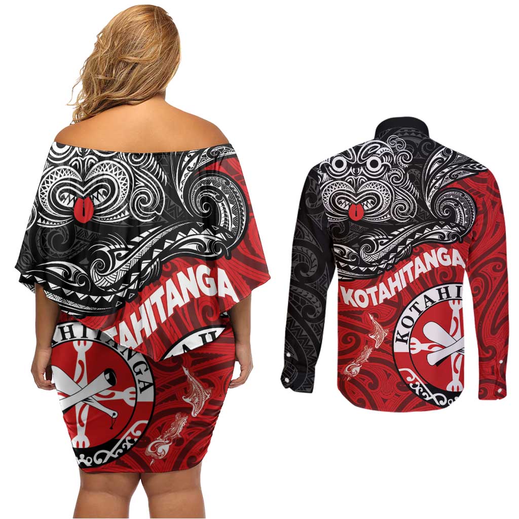 Maori Kotahitanga Couples Matching Off Shoulder Short Dress and Long Sleeve Button Shirt Aotearoa Spirit with Maori Mask and Polynesian Art Tattoo