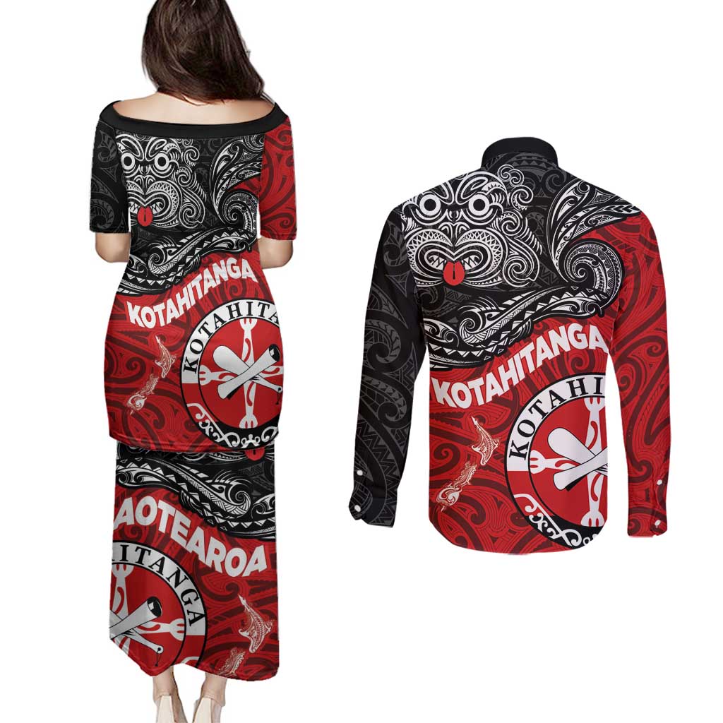 Maori Kotahitanga Couples Matching Puletasi and Long Sleeve Button Shirt Aotearoa Spirit with Maori Mask and Polynesian Art Tattoo
