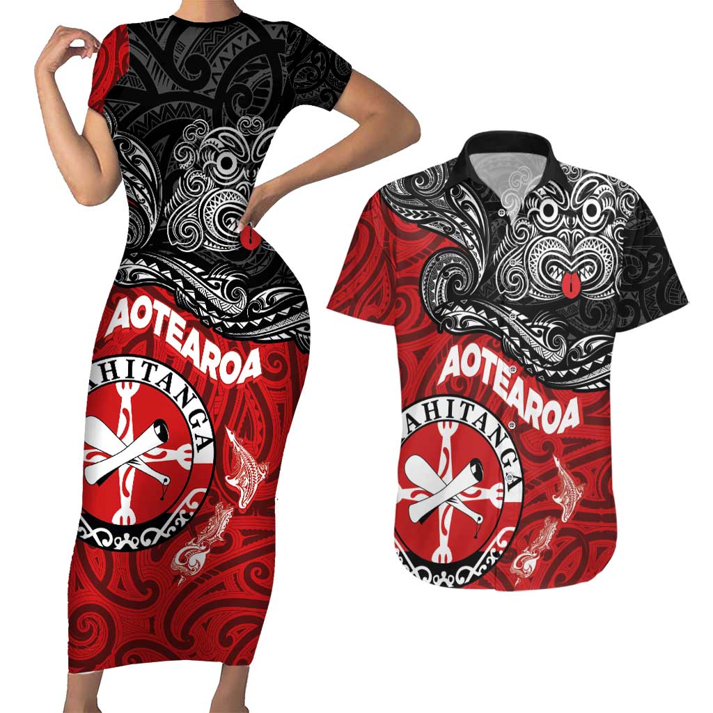 Maori Kotahitanga Couples Matching Short Sleeve Bodycon Dress and Hawaiian Shirt Aotearoa Spirit with Maori Mask and Polynesian Art Tattoo LT03 Red - Polynesian Pride