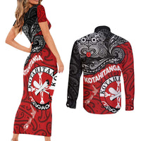 Maori Kotahitanga Couples Matching Short Sleeve Bodycon Dress and Long Sleeve Button Shirt Aotearoa Spirit with Maori Mask and Polynesian Art Tattoo
