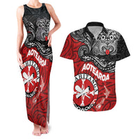 Maori Kotahitanga Couples Matching Tank Maxi Dress and Hawaiian Shirt Aotearoa Spirit with Maori Mask and Polynesian Art Tattoo