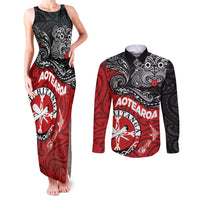 Maori Kotahitanga Couples Matching Tank Maxi Dress and Long Sleeve Button Shirt Aotearoa Spirit with Maori Mask and Polynesian Art Tattoo