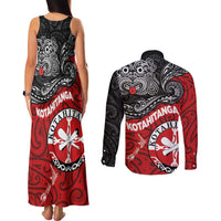 Maori Kotahitanga Couples Matching Tank Maxi Dress and Long Sleeve Button Shirt Aotearoa Spirit with Maori Mask and Polynesian Art Tattoo