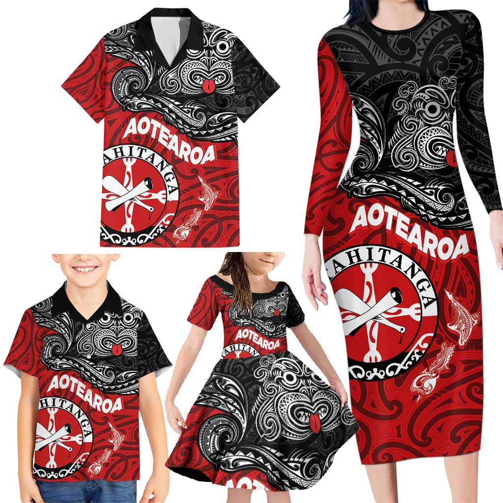 Maori Kotahitanga Family Matching Long Sleeve Bodycon Dress and Hawaiian Shirt Aotearoa Spirit with Maori Mask and Polynesian Art Tattoo LT03 - Polynesian Pride