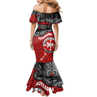 Maori Kotahitanga Family Matching Mermaid Dress and Hawaiian Shirt Aotearoa Spirit with Maori Mask and Polynesian Art Tattoo LT03 - Polynesian Pride