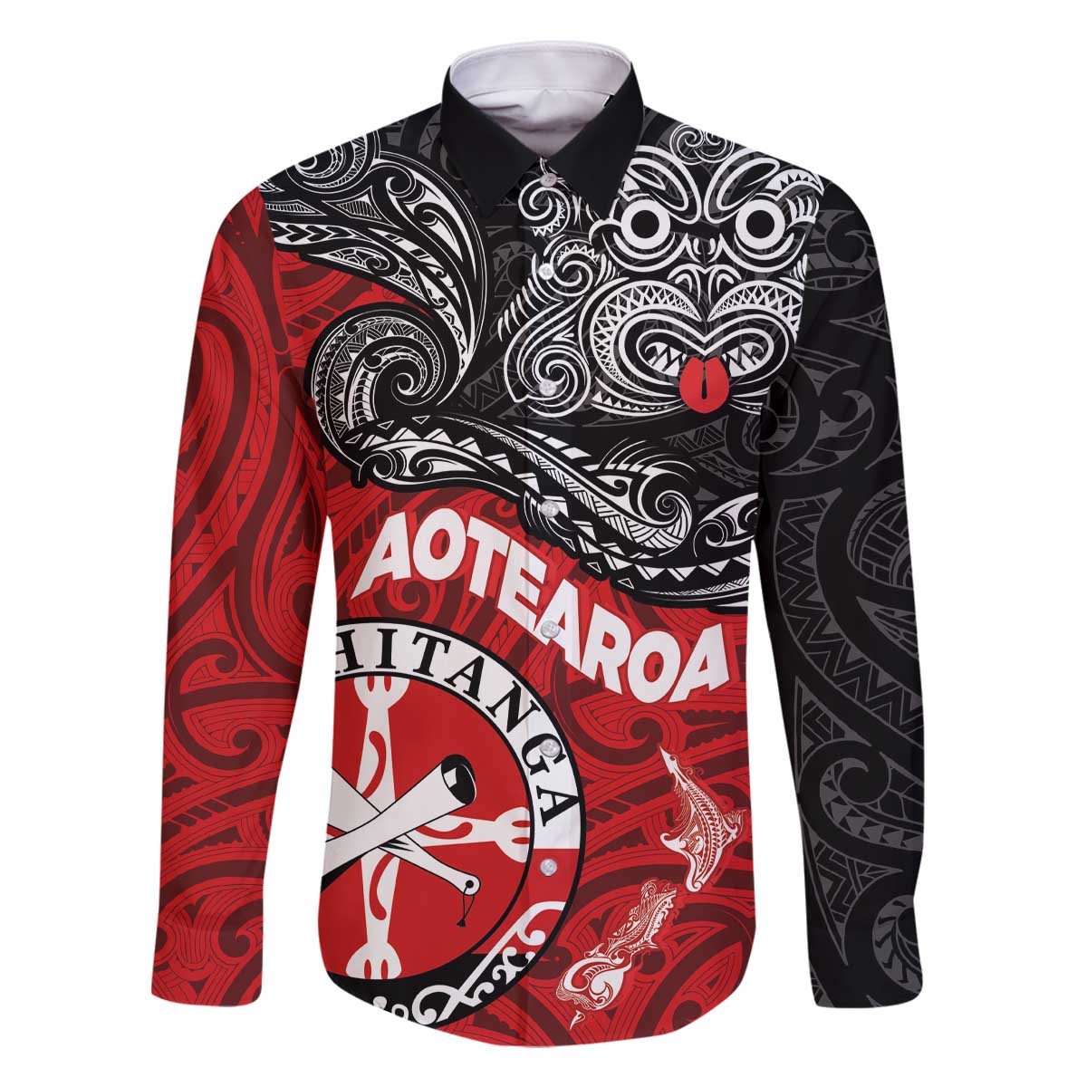 Maori Kotahitanga Family Matching Off The Shoulder Long Sleeve Dress and Hawaiian Shirt Aotearoa Spirit with Maori Mask and Polynesian Art Tattoo LT03 Dad's Shirt - Long Sleeve Red - Polynesian Pride