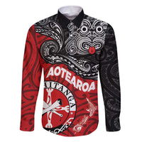 Maori Kotahitanga Family Matching Off The Shoulder Long Sleeve Dress and Hawaiian Shirt Aotearoa Spirit with Maori Mask and Polynesian Art Tattoo LT03 Dad's Shirt - Long Sleeve Red - Polynesian Pride