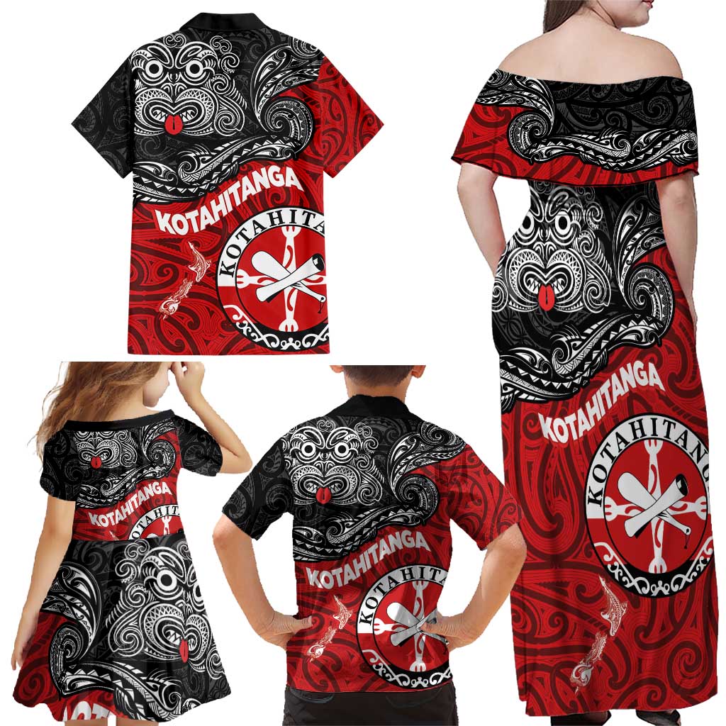 Maori Kotahitanga Family Matching Off Shoulder Maxi Dress and Hawaiian Shirt Aotearoa Spirit with Maori Mask and Polynesian Art Tattoo LT03 - Polynesian Pride
