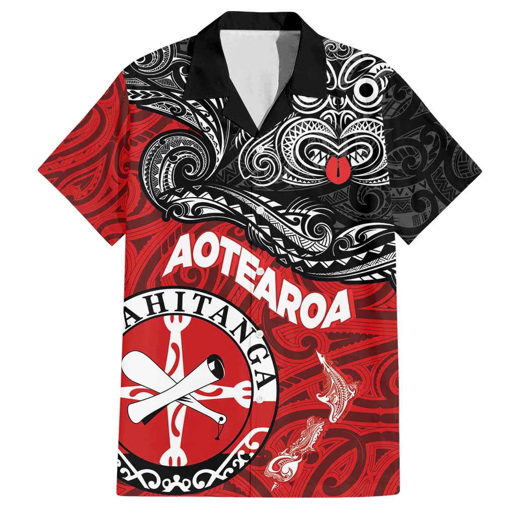 Maori Kotahitanga Family Matching Off Shoulder Maxi Dress and Hawaiian Shirt Aotearoa Spirit with Maori Mask and Polynesian Art Tattoo LT03 Dad's Shirt - Short Sleeve Red - Polynesian Pride