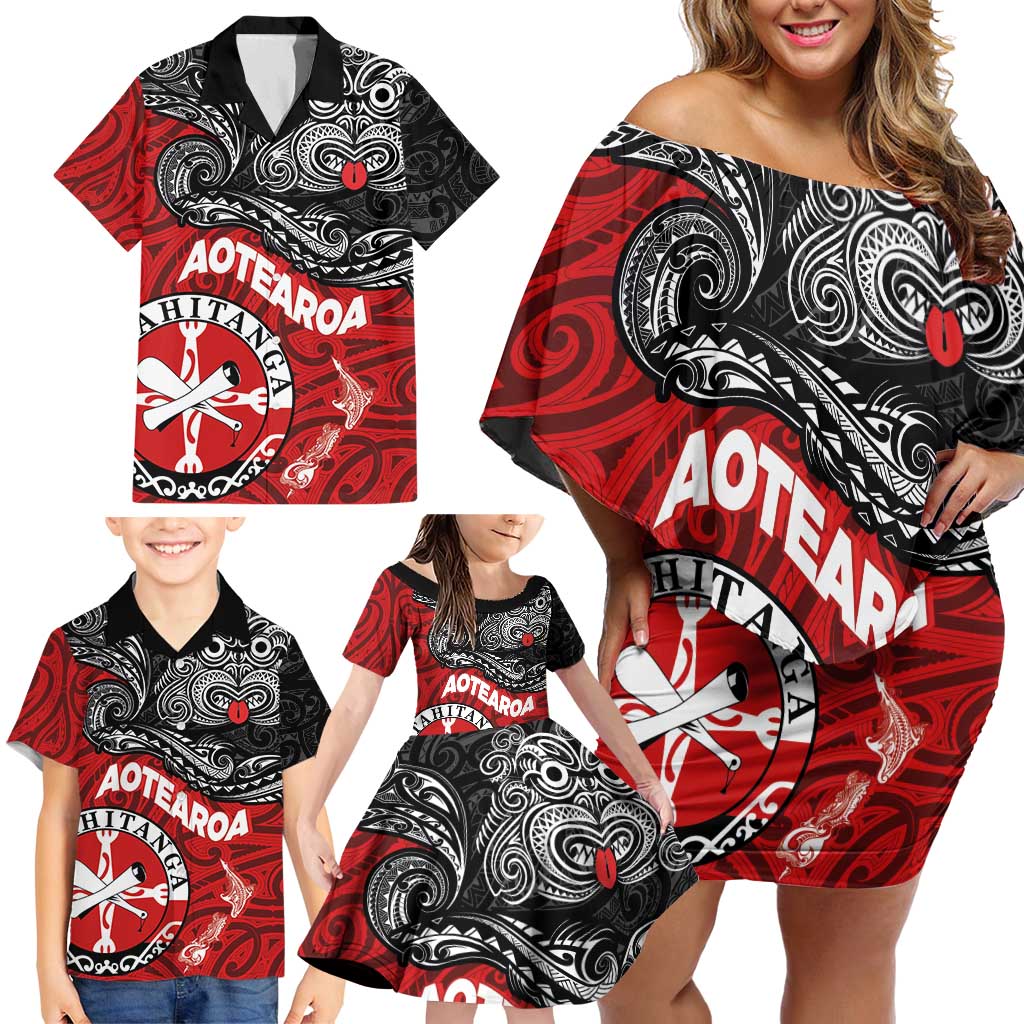 Maori Kotahitanga Family Matching Off Shoulder Short Dress and Hawaiian Shirt Aotearoa Spirit with Maori Mask and Polynesian Art Tattoo LT03 - Polynesian Pride