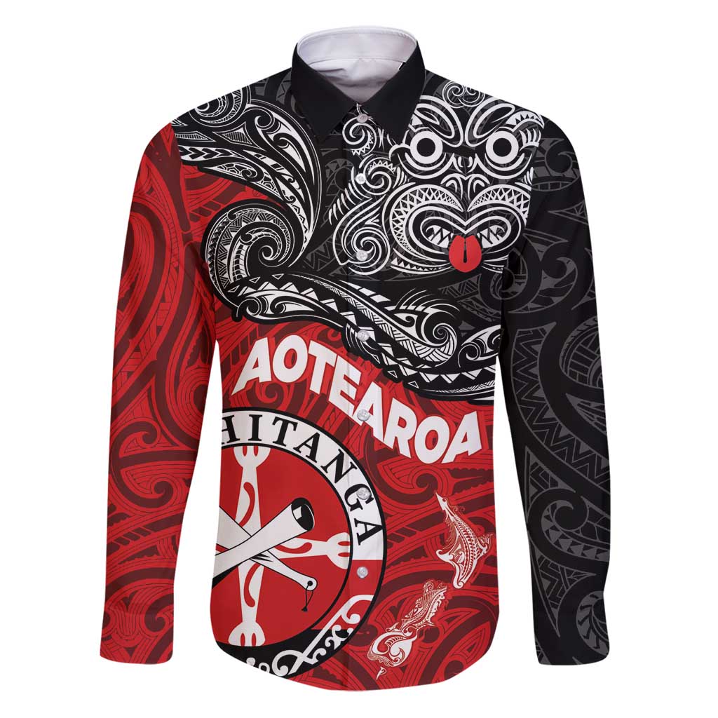 Maori Kotahitanga Family Matching Puletasi and Hawaiian Shirt Aotearoa Spirit with Maori Mask and Polynesian Art Tattoo LT03 Dad's Shirt - Long Sleeve Red - Polynesian Pride